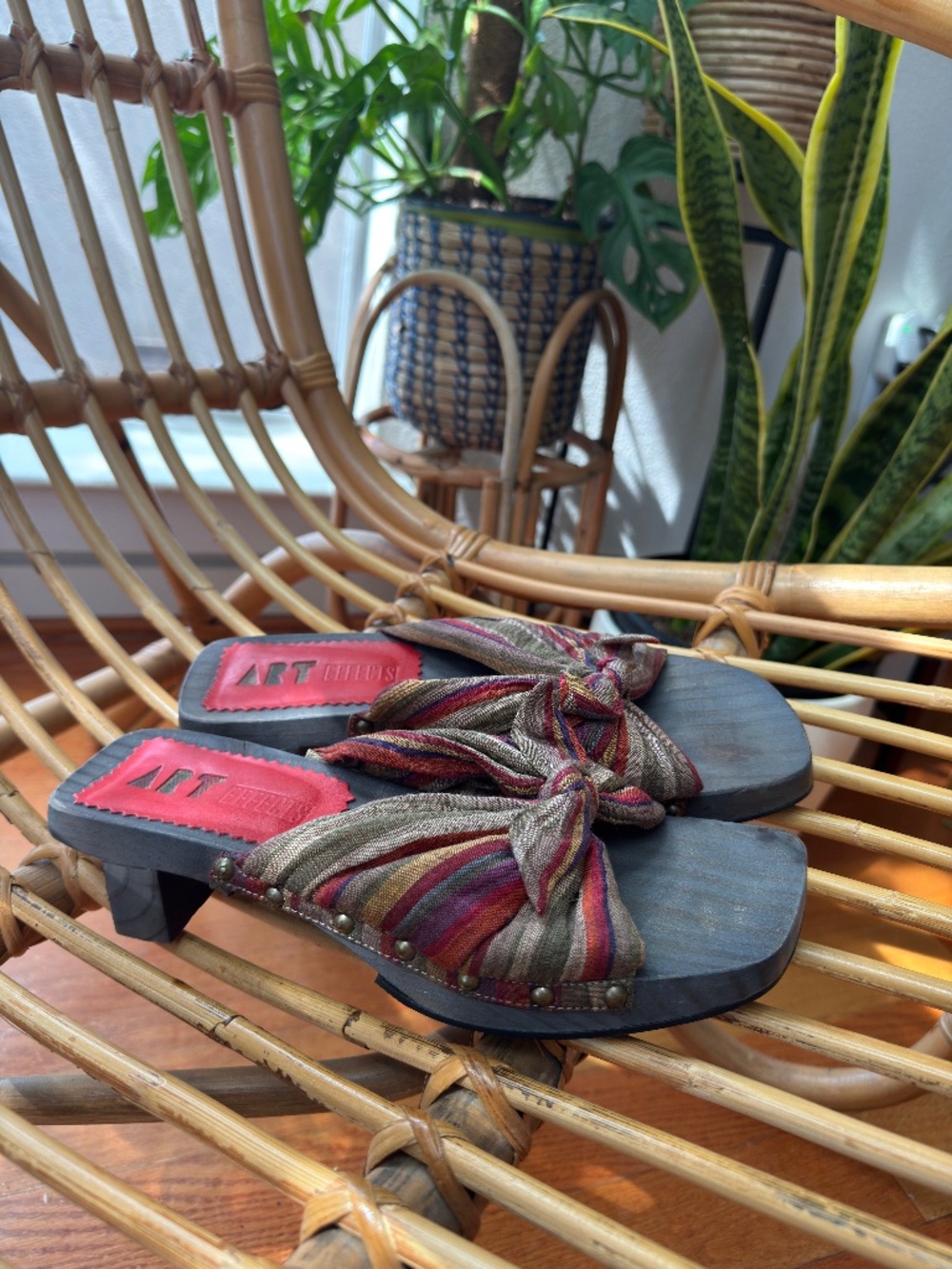Art Effects - Vintage wooden & striped fabric slip-on mules, Y2K, Size 8